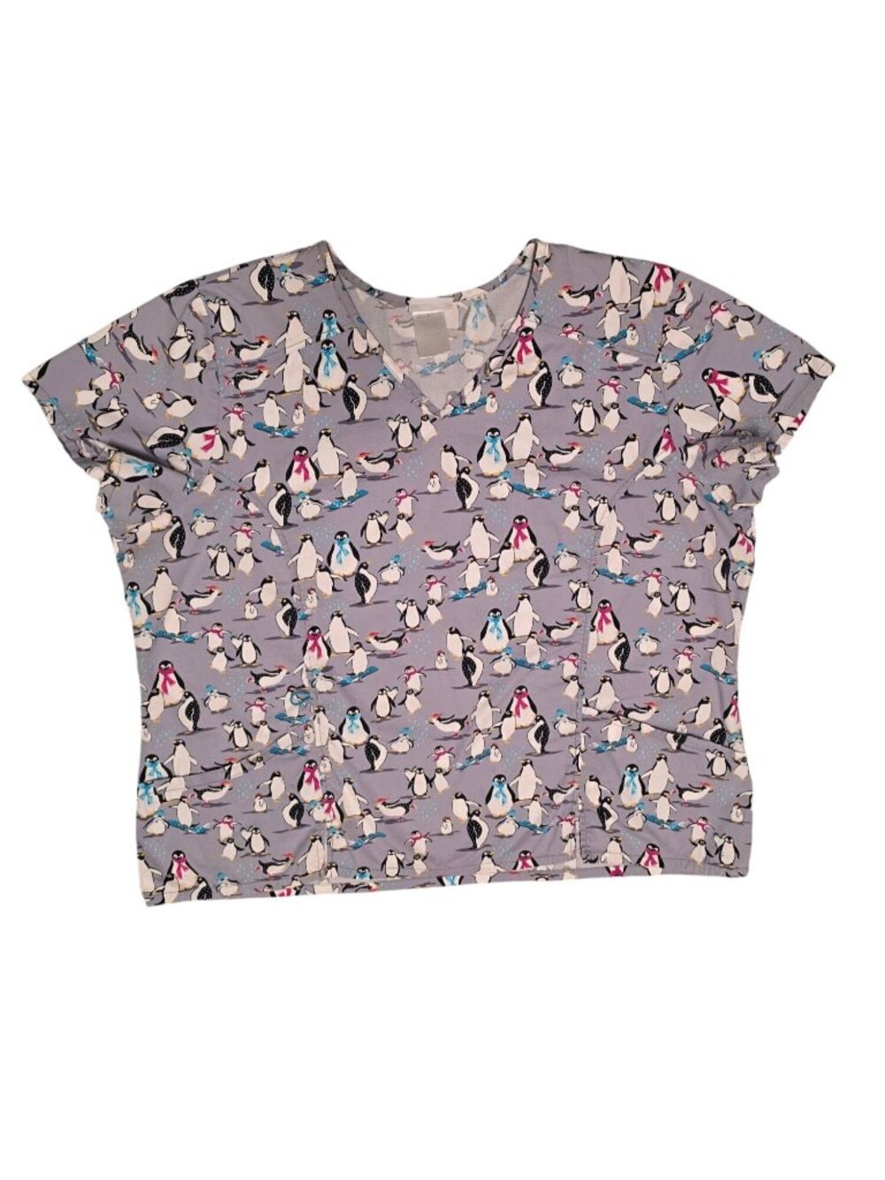 Scrubstar Winter Penguins Scrub Top Plus Size 2X Gray V-Neck 2 Pocket Utility